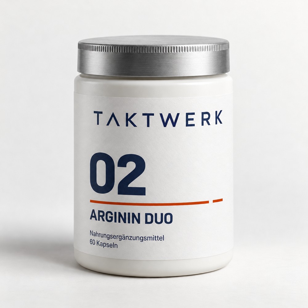TAKTWERK Arginin Duo in einer weißen Dose mit silberfarbenem Deckel, 60 Kapseln