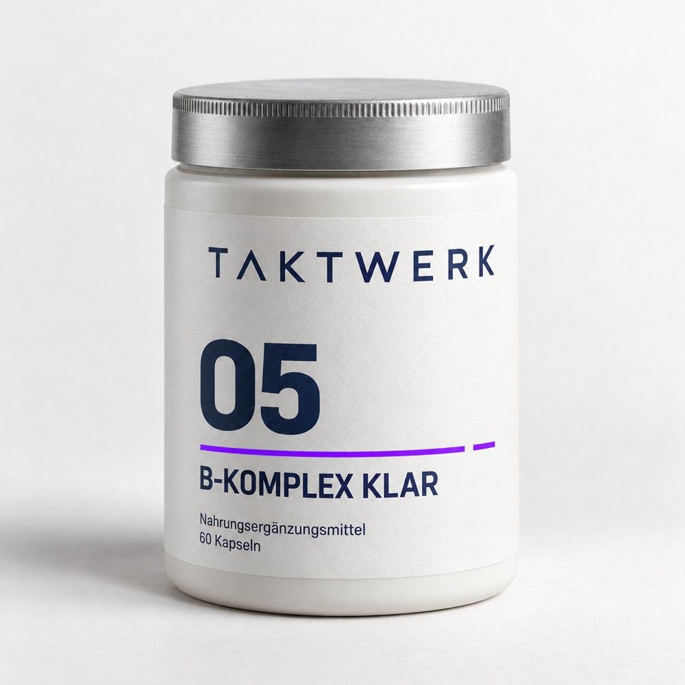 TAKTWERK B-Komplex Klar in einer weißen Dose mit silberfarbenem Deckel, 60 Kapseln