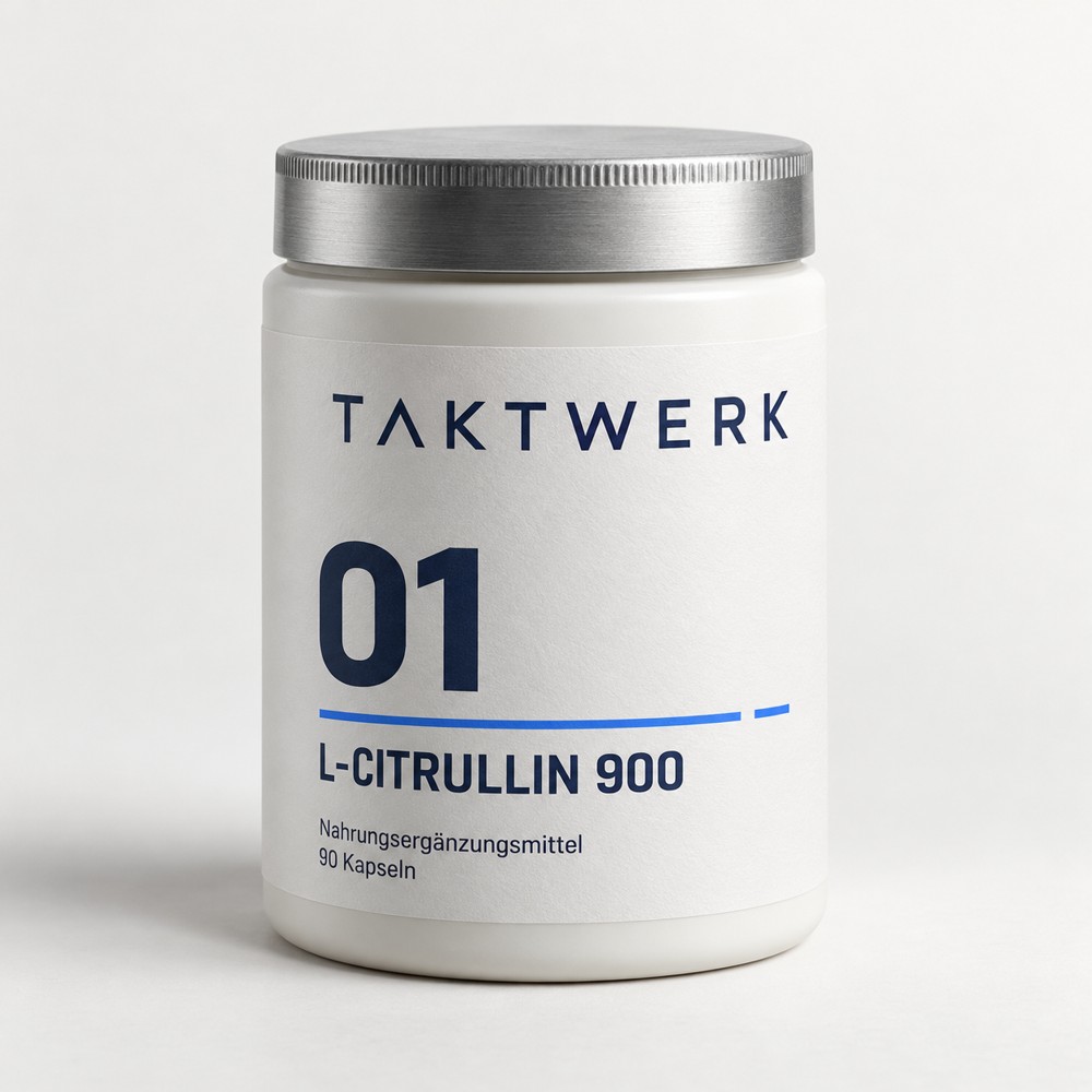 TAKTWERK L-Citrullin 900 in einer weißen Dose mit silberfarbenem Deckel, 90 Kapseln