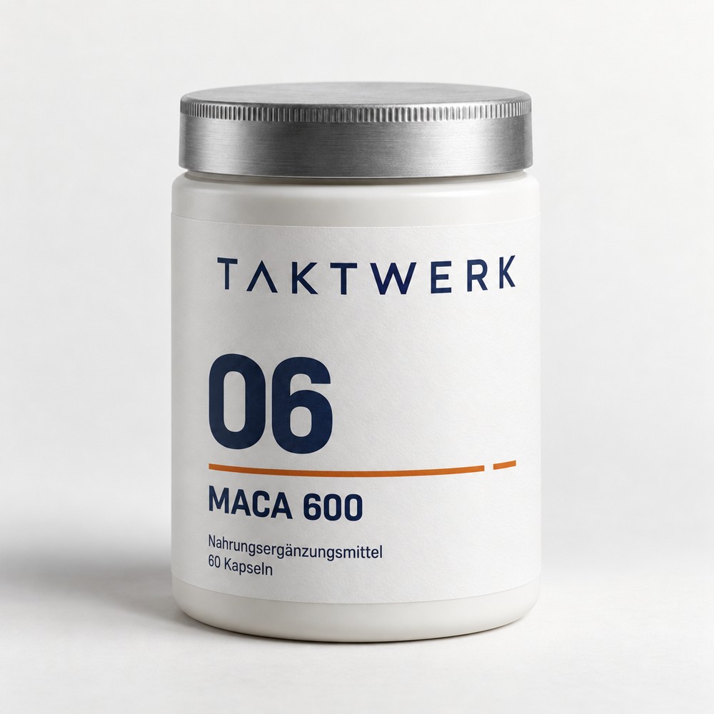 TAKTWERK Maca 600 in einer weißen Dose mit silberfarbenem Deckel, 60 Kapseln