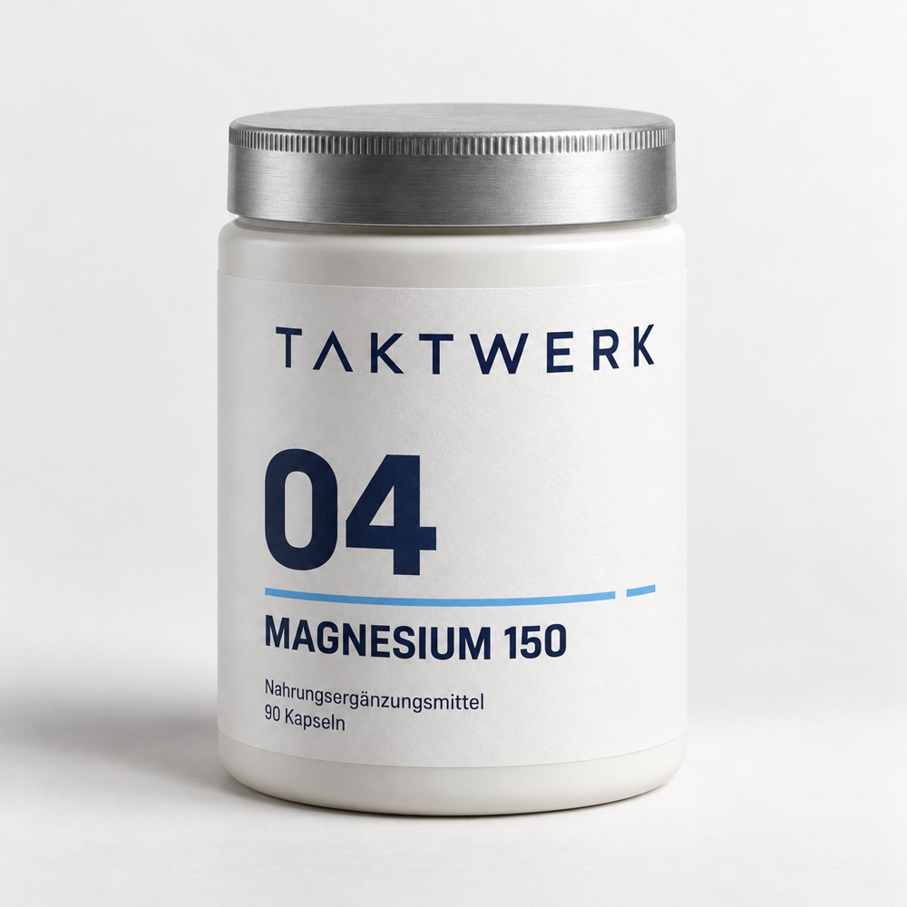TAKTWERK Magnesium 150 in einer weißen Dose mit silberfarbenem Deckel, 90 Kapseln