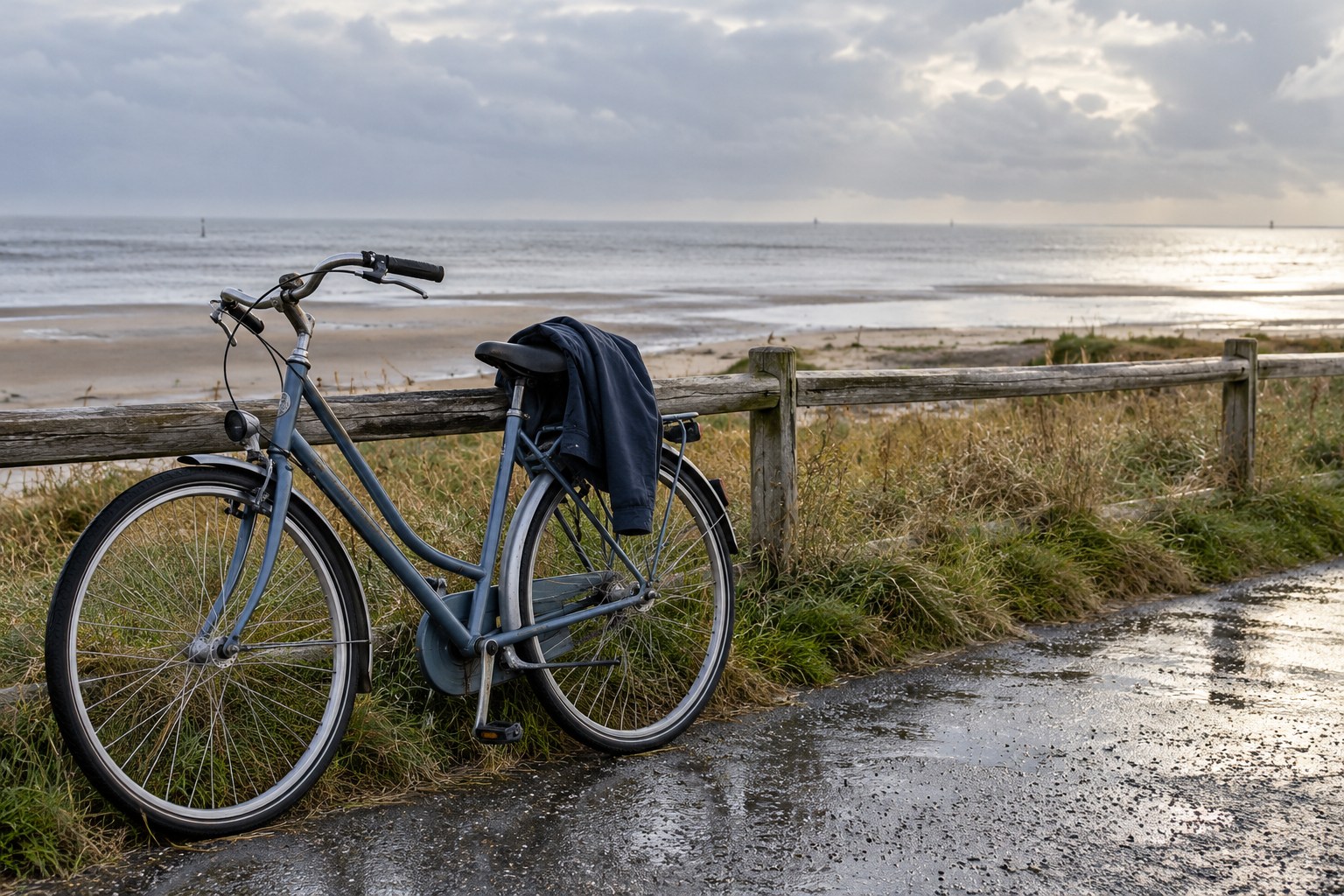 Fahrrad mit einer Jacke an einem Holzgeländer am Meer